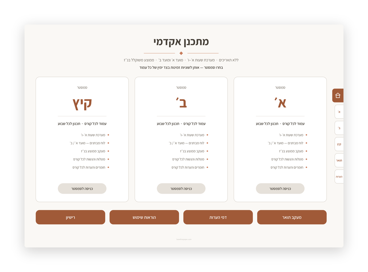 לשונית לכל קורס, ממוצע משוקלל בנ״ז